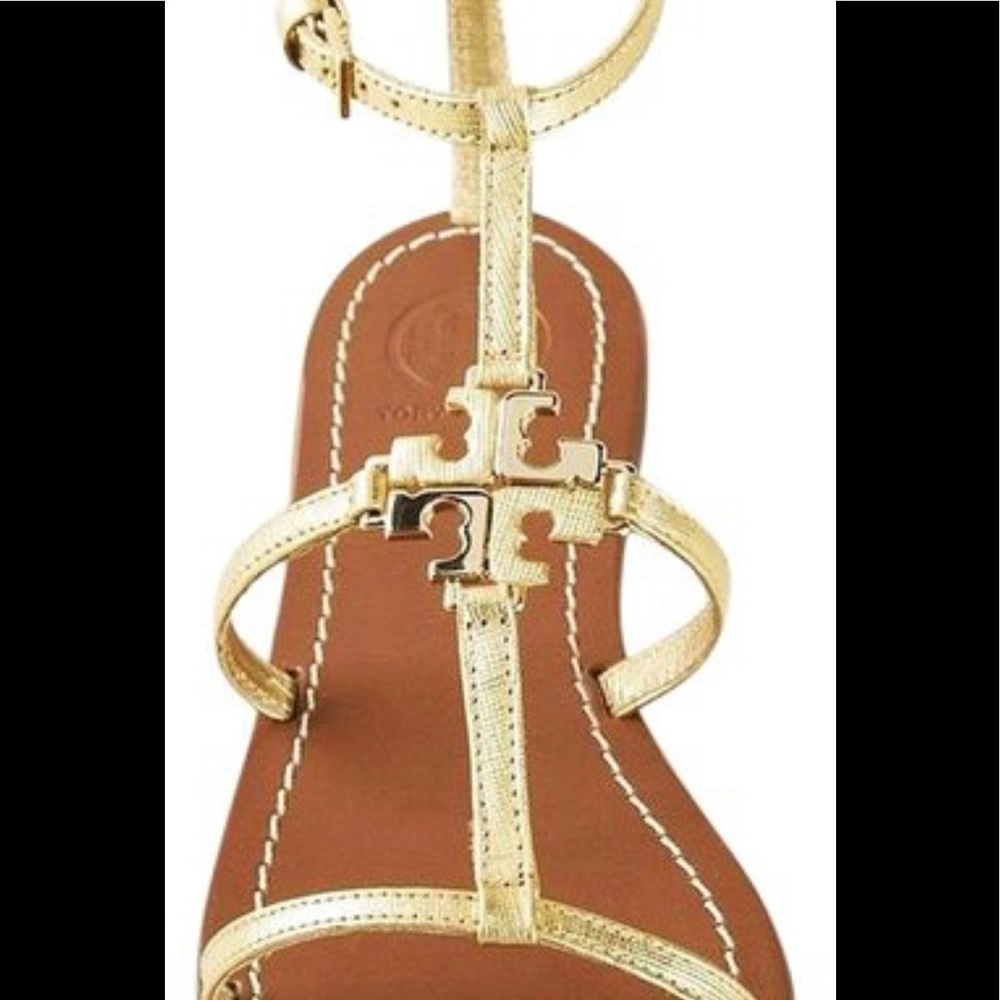Tory Burch Lowell Flat Sandal Mettallic Saffiano Leather w/ box Size 6